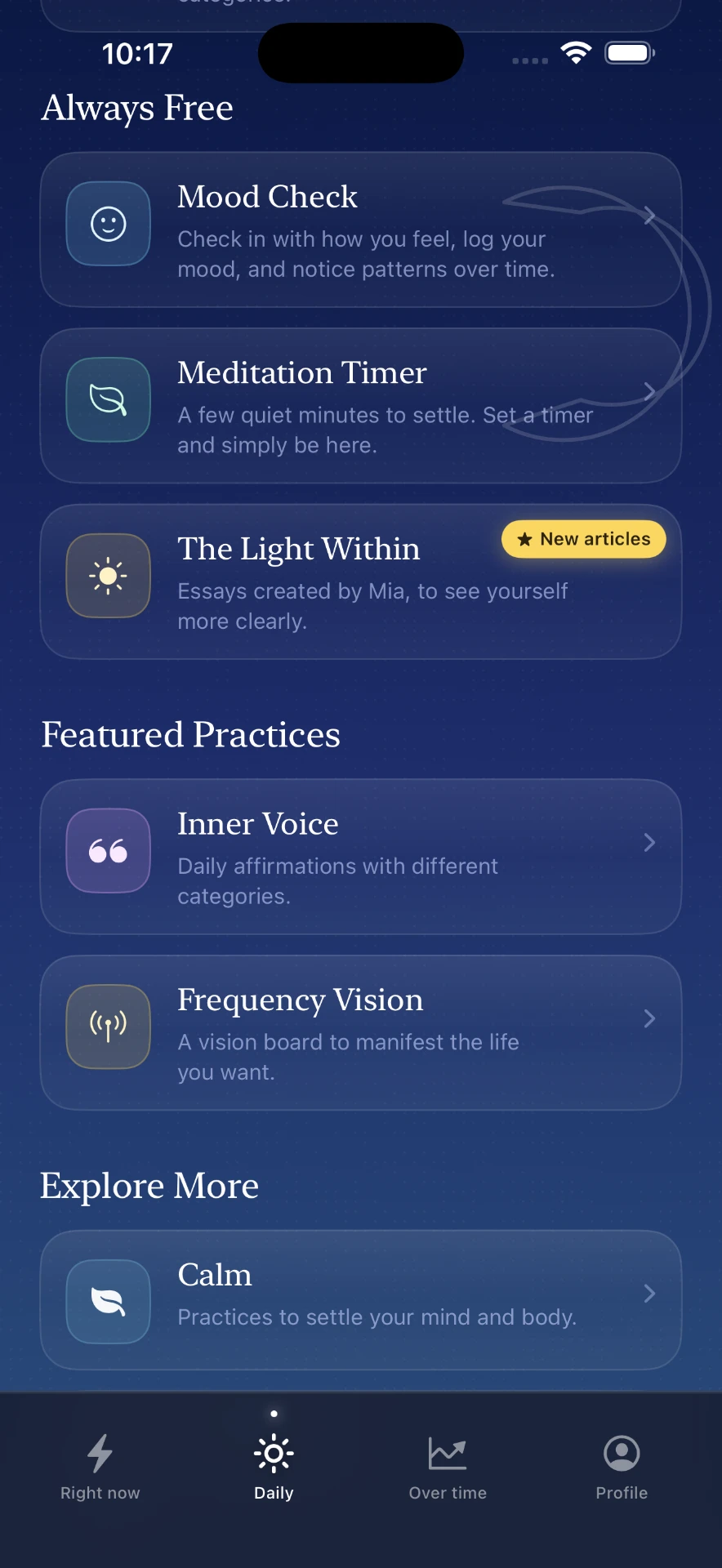 Mialight Daily screen with featured practices