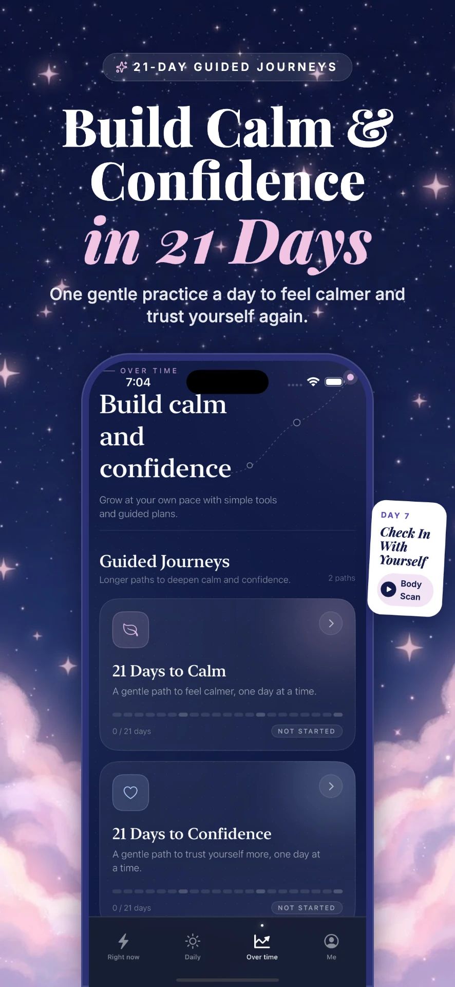 Mialight: Affirm & Manifest Over time—21-day guided journeys, 21 Days to Calm and 21 Days to Confidence, with a Day 7 Body Scan card