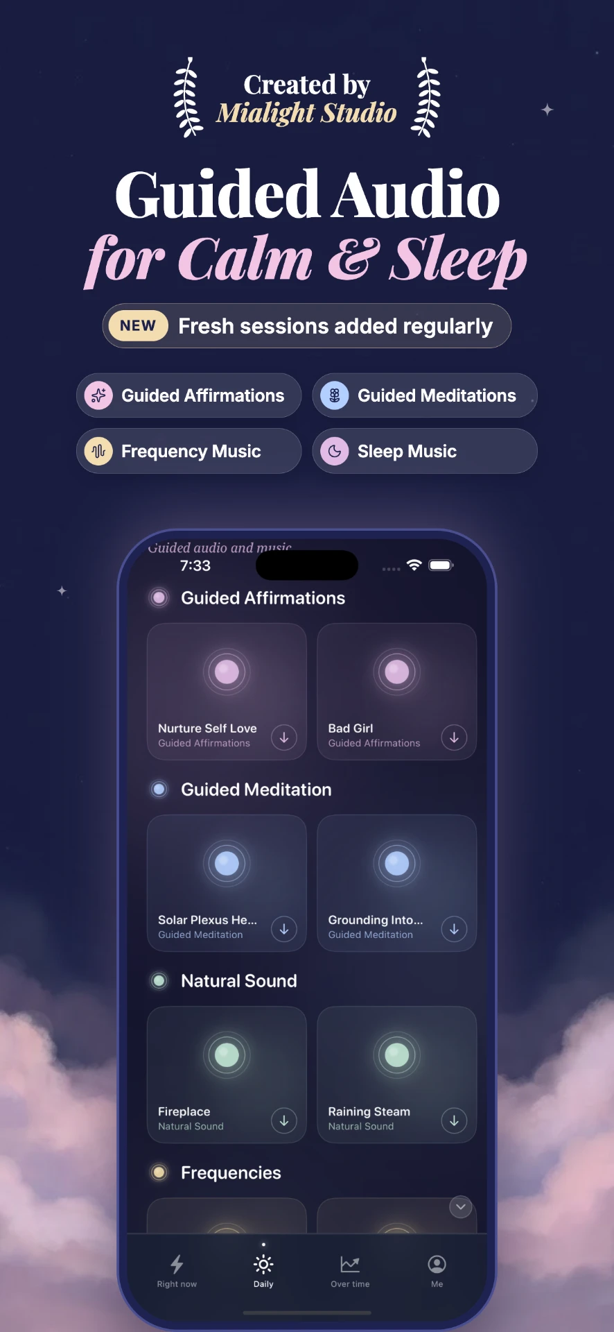 Mialight: Affirm & Manifest Guided Audio for Calm & Sleep—a phone menu listing Guided Affirmations, Guided Meditation, Natural Sound, and Frequencies, with floating buttons for Guided Affirmations, Guided Meditations, Frequency Music, and Sleep Music