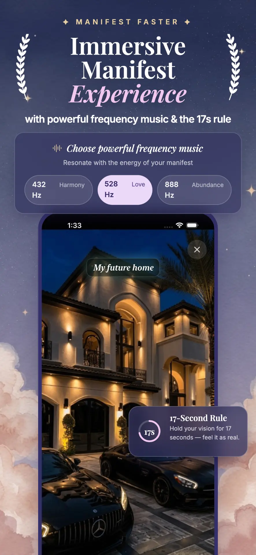 Mialight: Calm & Confidence Immersive Manifest Experience—under the headline Immersive Manifest Experience with powerful frequency music & the 17s rule, a Choose powerful frequency music card offering 432 Hz Harmony, 528 Hz Love and 888 Hz Abundance above a phone showing a My future home vision with a 17-Second Rule card