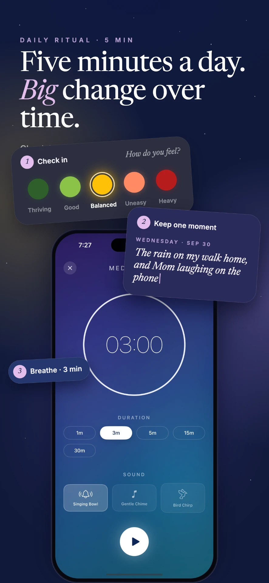 Mialight: Affirm & Manifest Daily Ritual—a five-minute ritual in three steps: check in with how you feel, keep one moment in a note, then breathe with a three-minute timer
