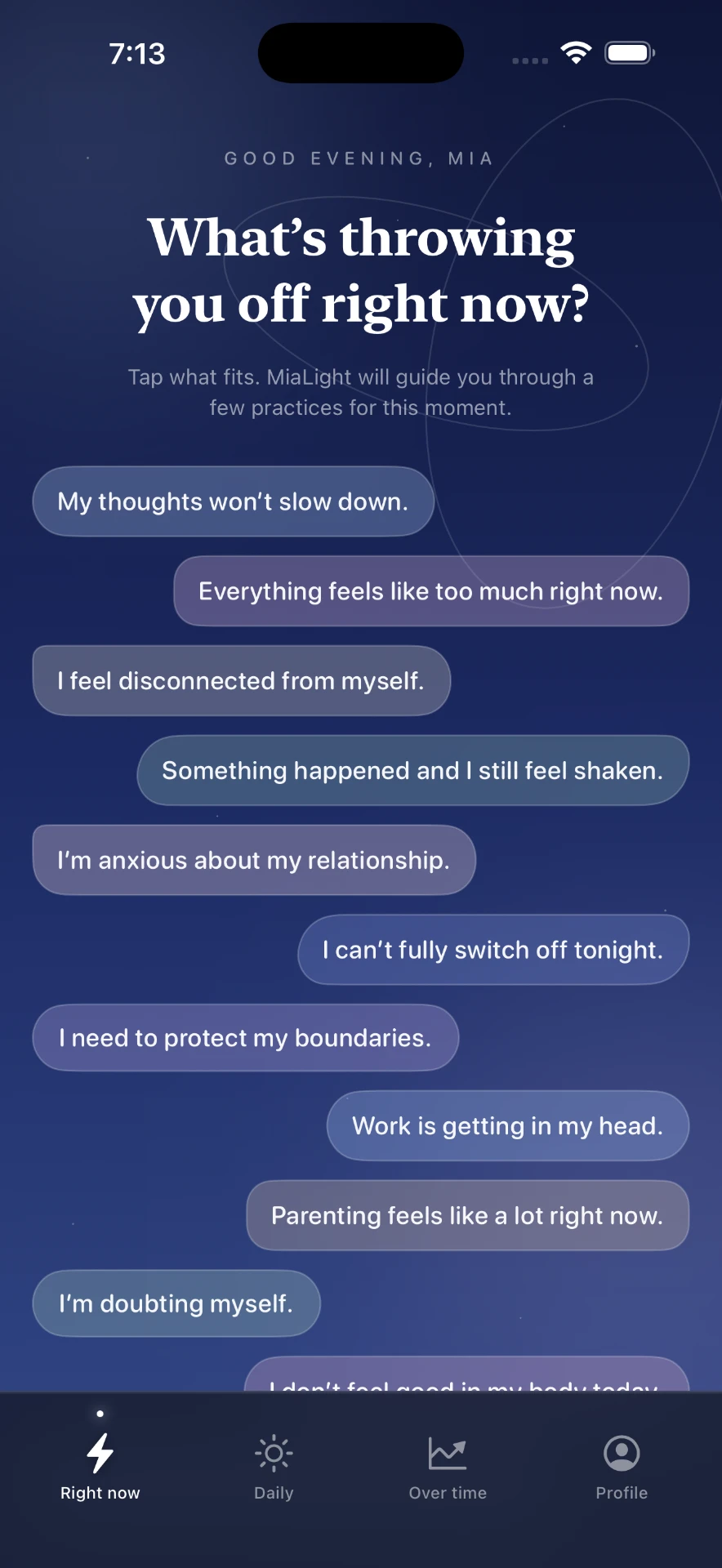 Mialight Right now screen asking what’s throwing you off